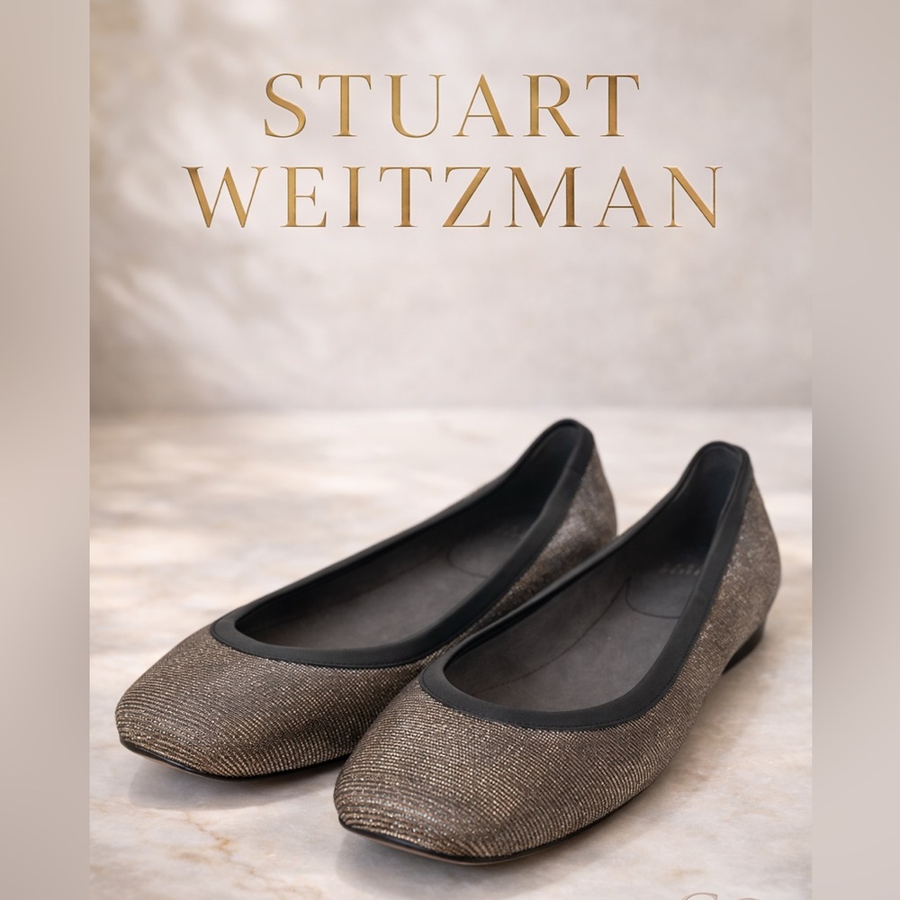 Stuart Weitzman Bronze Gold Metallic Ballet Flats Textured Leather Slip On Women